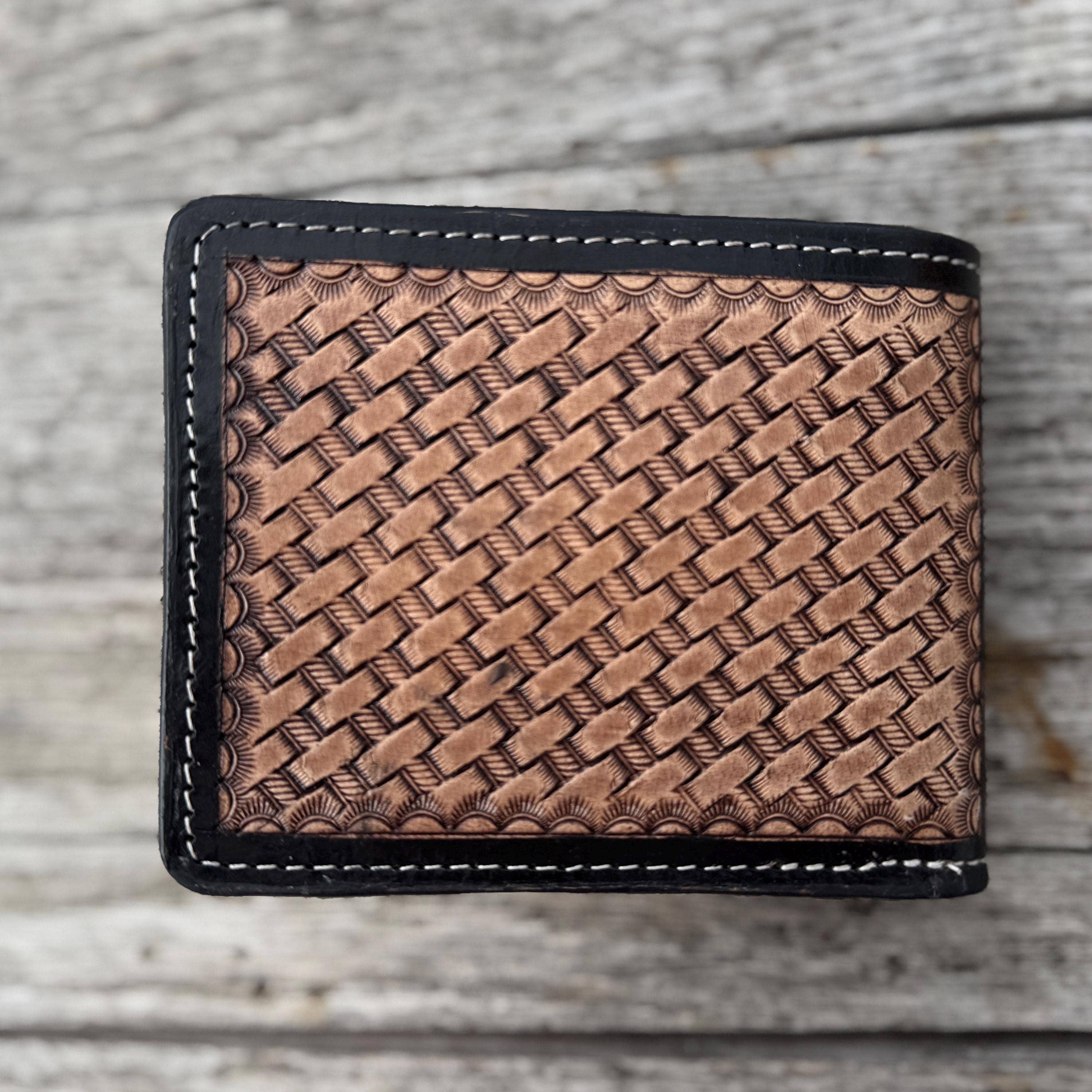 Double B Wild Rags - Wholesale Wallet - Men's - Men’s Western bi-fold wallet tooled floral and basketweave details by Double B Wild Rags3