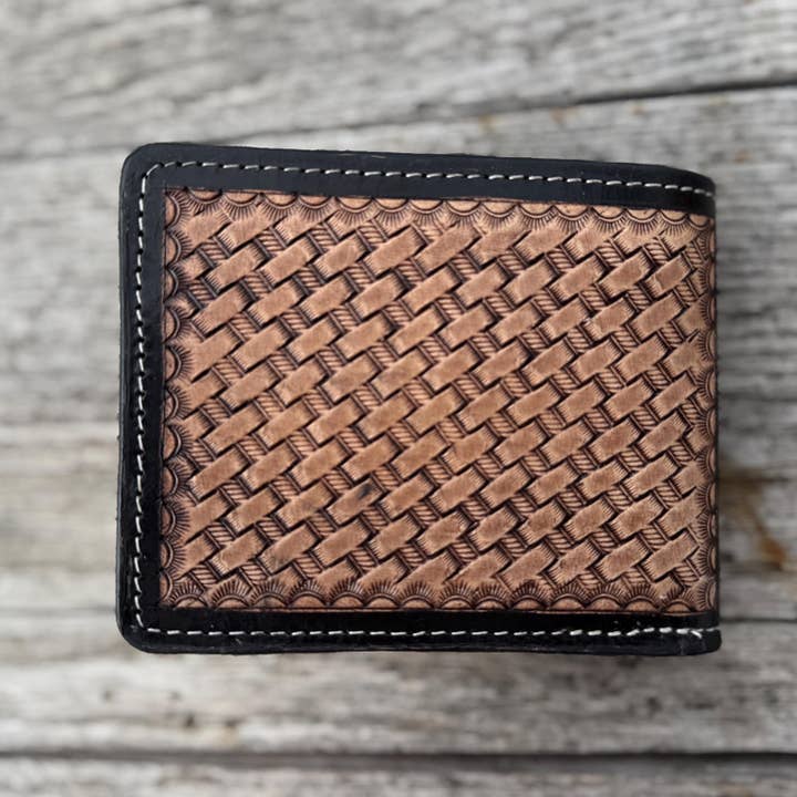 Double B Wild Rags - Wholesale Wallet - Men's - Men’s Western bi-fold wallet tooled floral and basketweave details by Double B Wild Rags3