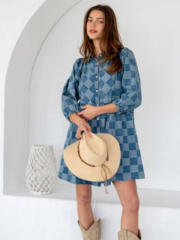 TR2048-01_WASHED GINGHEM DENIM BUTTON DOWN SHIRT DRESS for wholesale on Faire9