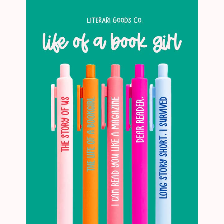 Set di Penne "Vita di una Ragazza Libro" | Riempitivo per Calza di Natale per la vendita all'ingrosso da parte di Literari Goods, Co | Book Themed Candles + Gifts