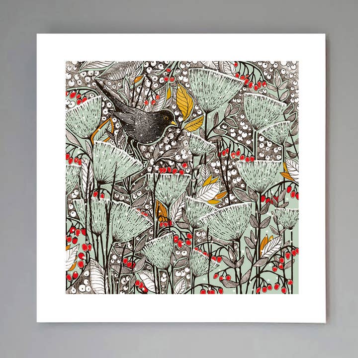'Snowy Blackbird' Art Print for wholesale by Fay's Studio