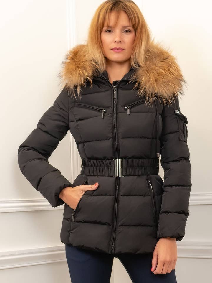 Quilted belted parka with real fur for wholesale by Attentif Paris
