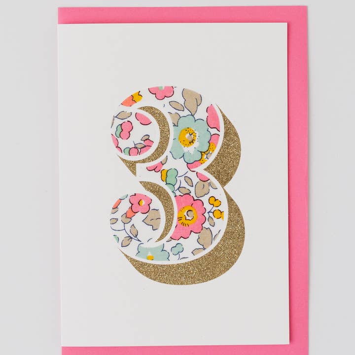 The Charming Press - Vendita all'ingrosso Biglietti di auguri - Biglietto di Compleanno per 3 Anni - Bio Glitter & Liberty Betsy Rosa
