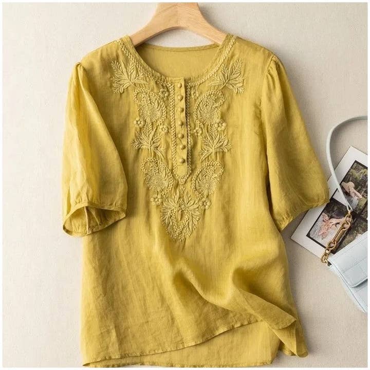 FurDecoration - Wholesale Blouse - Women's - Flowy Floral Embroidered Cotton Linen Blouse