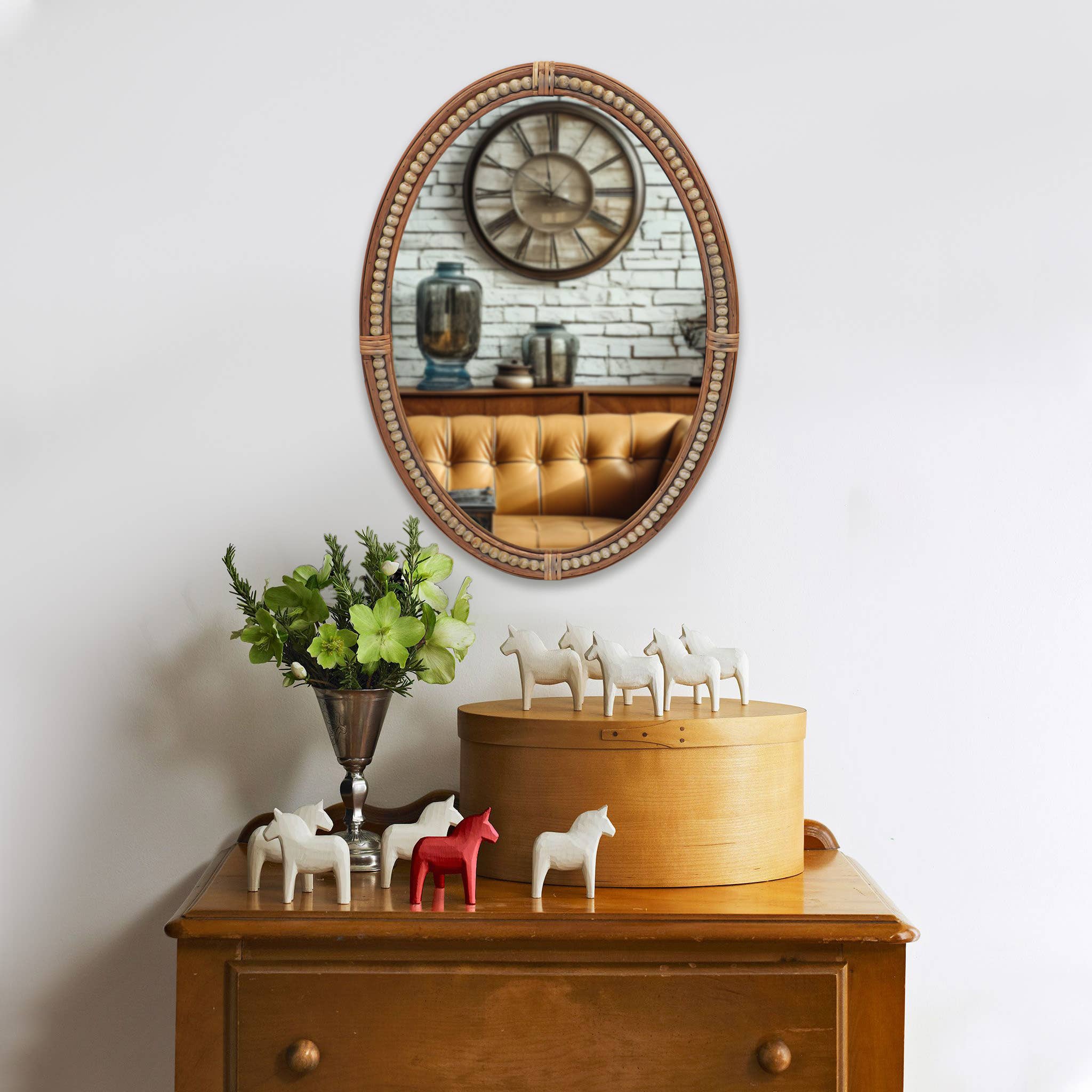 Paris Loft Inc – wholesale Wall mirror – 26 Inch Boho Oval Mirror with Beads and Rattan Decor4