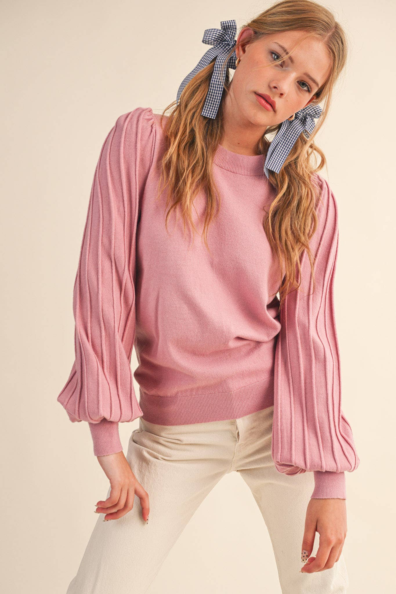 &MERCI - Wholesale Knit Sweater - Women's - STRIPE TEXTURE PUFF SLEEVE SWEATER MSW948540