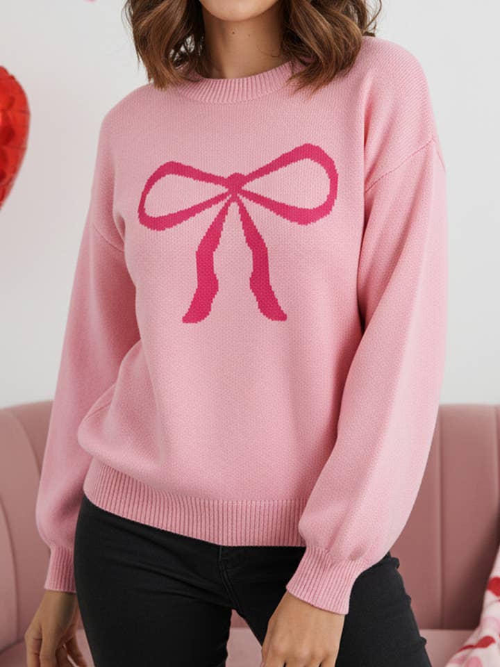 Bow Graphic Drop Shoulder Valentine's Sweater | S-XL for wholesale by Aapparella