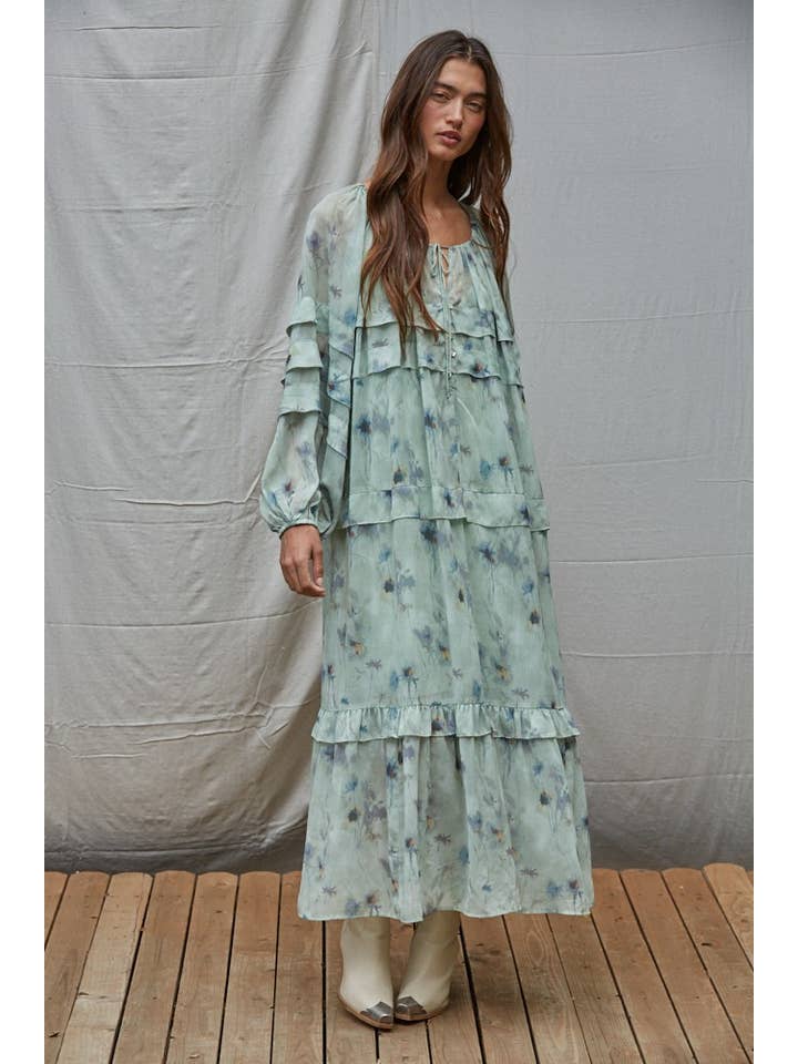 Sage Multi L8813 | Woven Polyester Floral Ruffled Flare Maxi Dress for wholesale on Faire