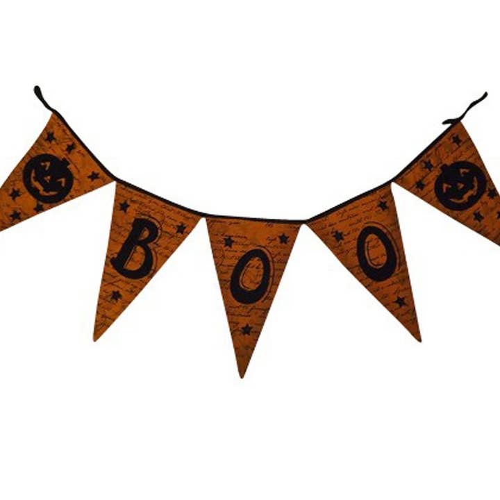 Halloween Fabric Flag Garland "Boo" with Pumpkin at Each End - 46" Wide x 13" Long for wholesale by Birch Maison