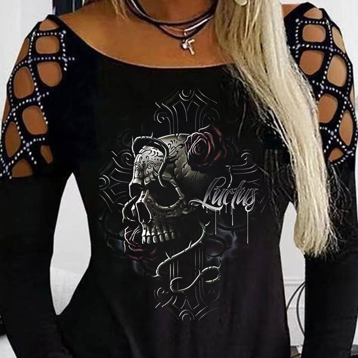 Horror Skull Cutout Long Sleeve Top for wholesale by Tourtiwi