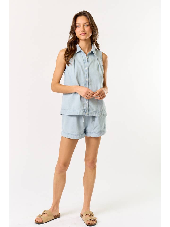 L DENIM Haut en jean sans manches à col et boutons ILT4692 en vente sur Faire4