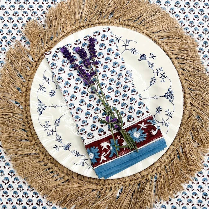 Blue dale cotton block print tablecloth for wholesale by Polly Fenwick