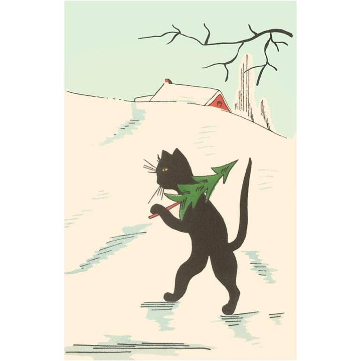 Greeting Card MC-376 Black Cartoon Cat with Small Christmas for wholesale by Found Image Press
