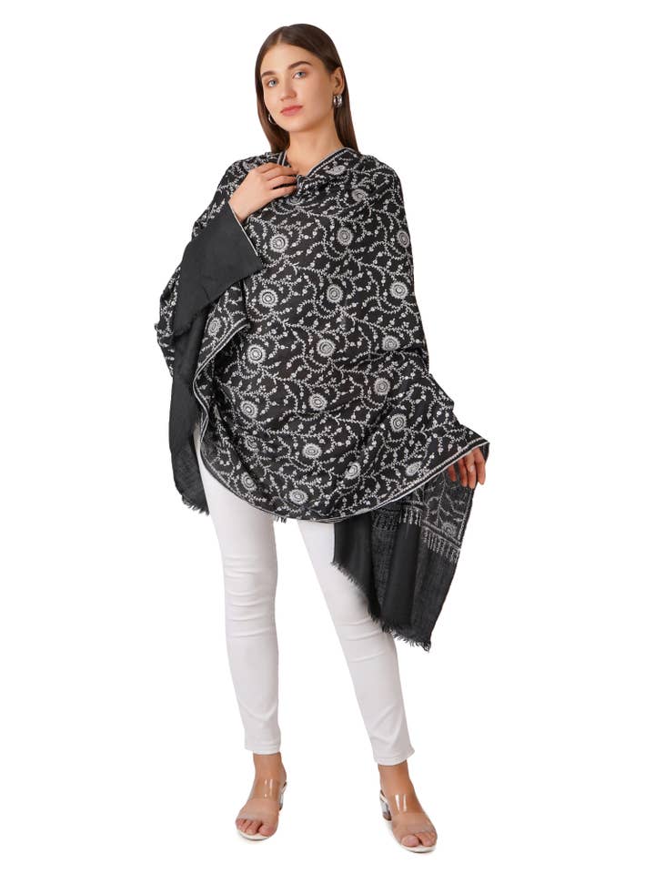 Cozy Black Pashmina Shawl with Elegant White Embroidery for wholesale by PASHWRAP