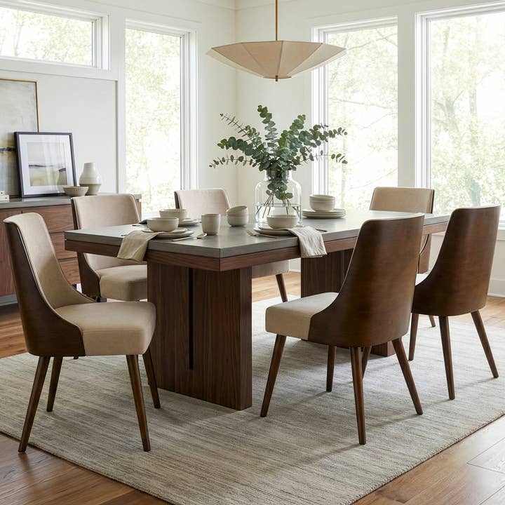 Glamour Home - Vente Chaises - Ensemble de 2 chaises en tissu beige Esmy avec dossier en bois courbé noyer1