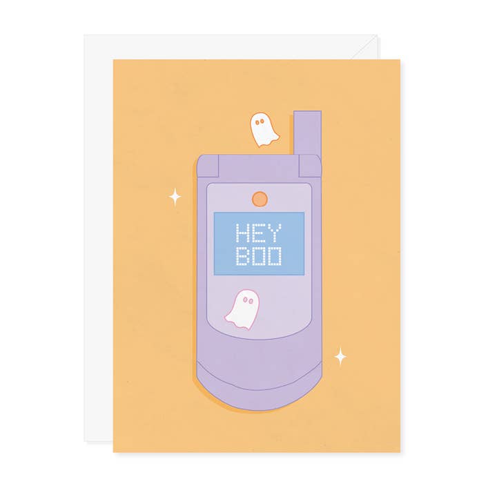 Hey Boo Flip Phone 2000s Y2K Ghost Halloween Greeting Card for wholesale by Carmela & Co.