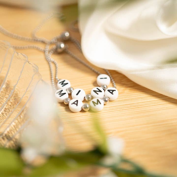 WJW - Wholesale Beaded Bracelet - 18K Gold PVD Stainless Steel "Mama" Beaded Charm Bracelet5