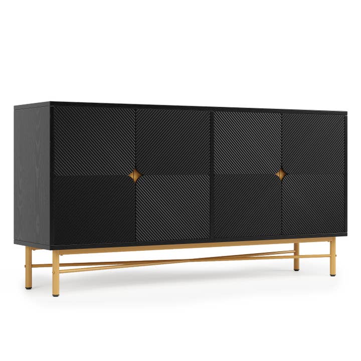 Urban Meuble - Wholesale Cabinet - Black sideboard with wood-effect embossed texture, 4 doors, luxury style with golden accent POLLENBASK