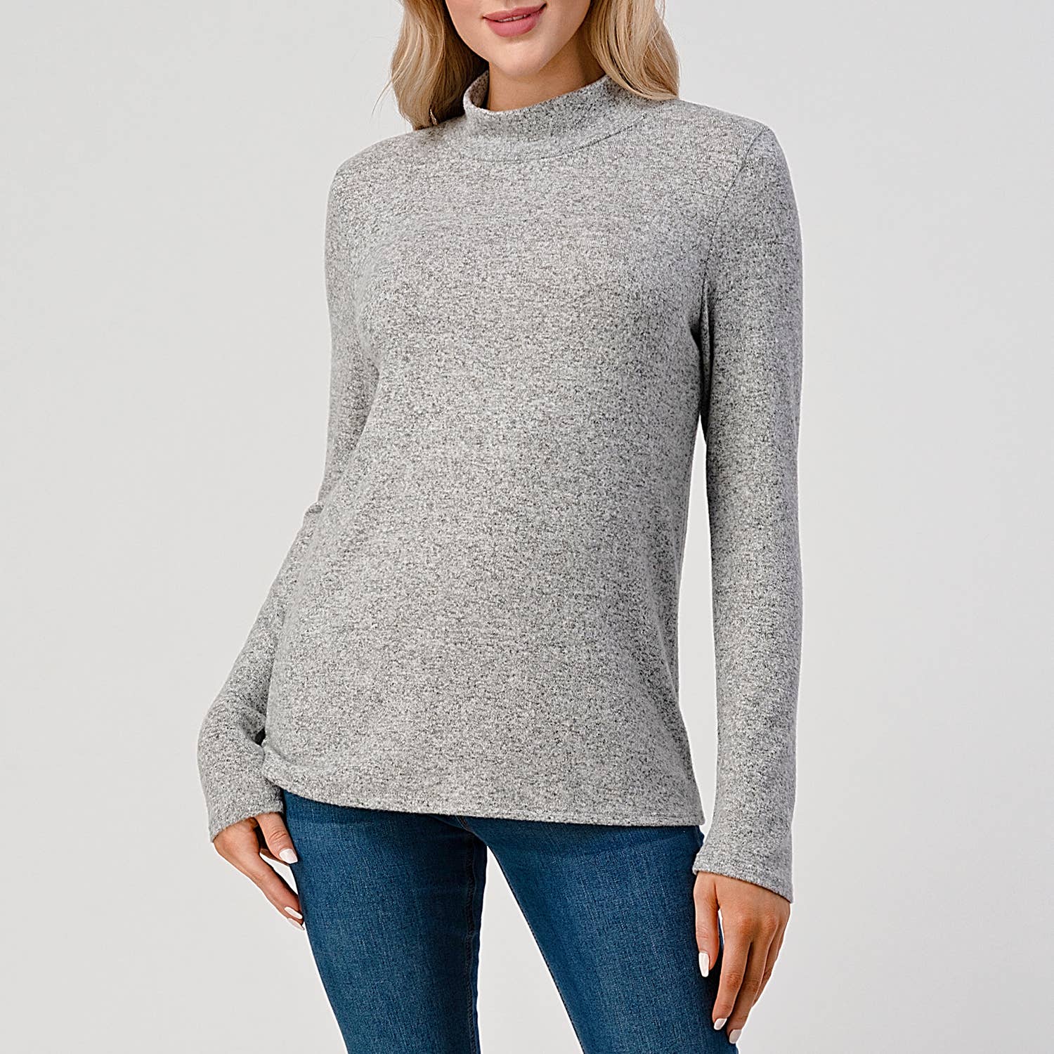Heimious - Wholesale Knit Top - Women's - Mock Neck L-Sleeve Relaxed Fit Brushed Knit Top, T54811