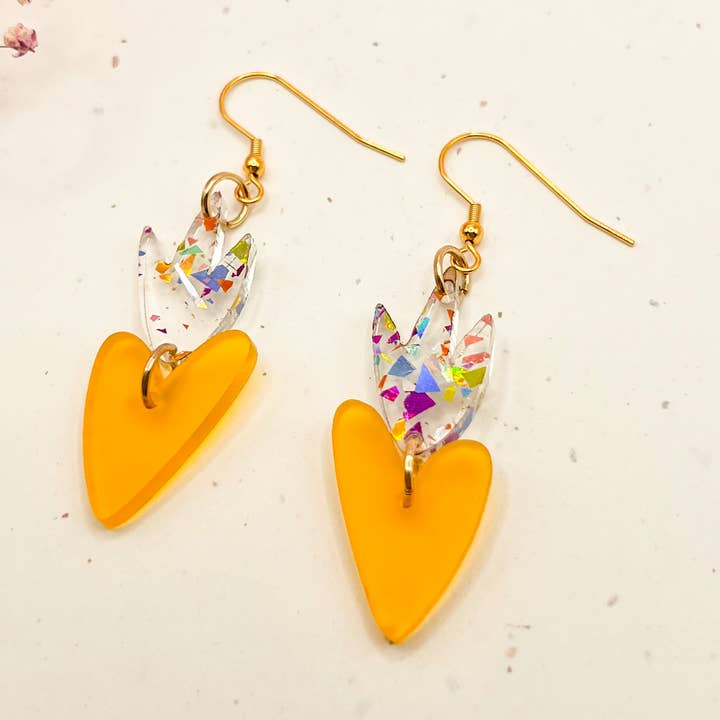 (Yellow/Glitter) Flaming Heart Charm Acrylic Earrings for wholesale by Hoity Toity Goods