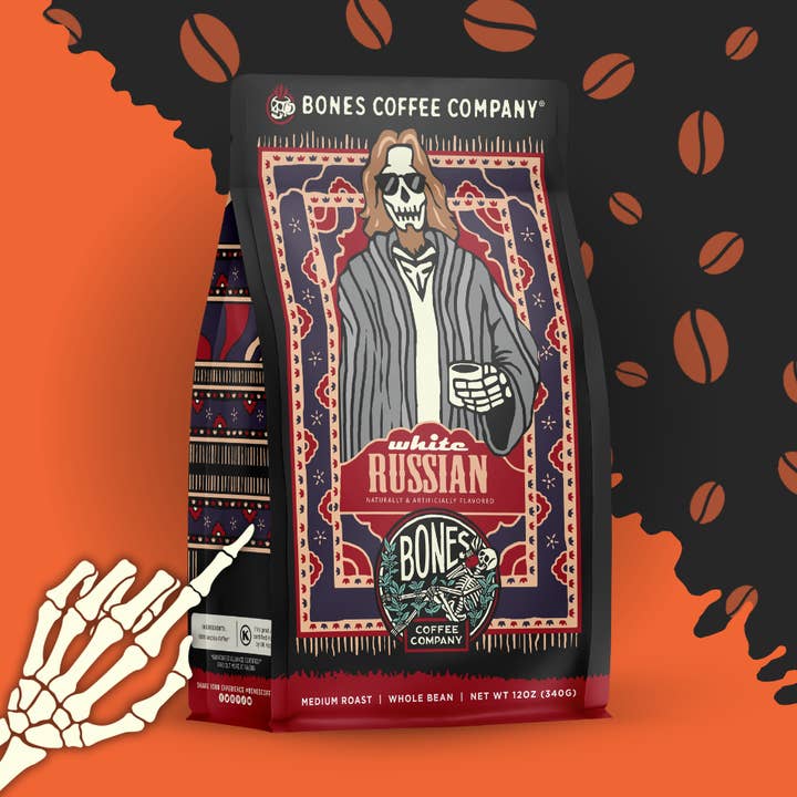 Bones Coffee Company – wholesale Kaffebönor – Vitt ryskt smaksatt kaffe | 12 oz | Hel böna och malt0