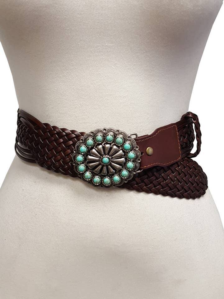 Hand Braided Leather Belt with Turquoise Style Buckle for wholesale by Axesoria West