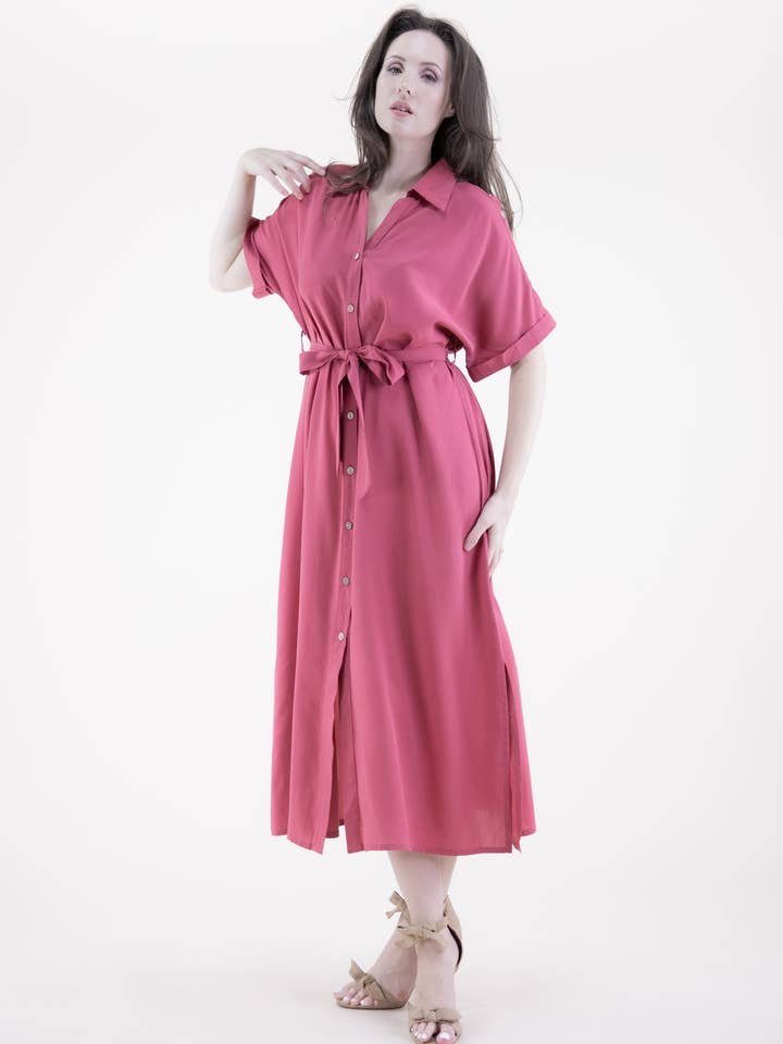 Breezy Drop Shoulder Sleeve Belted Button-up Shirt Dress for wholesale by Original USA