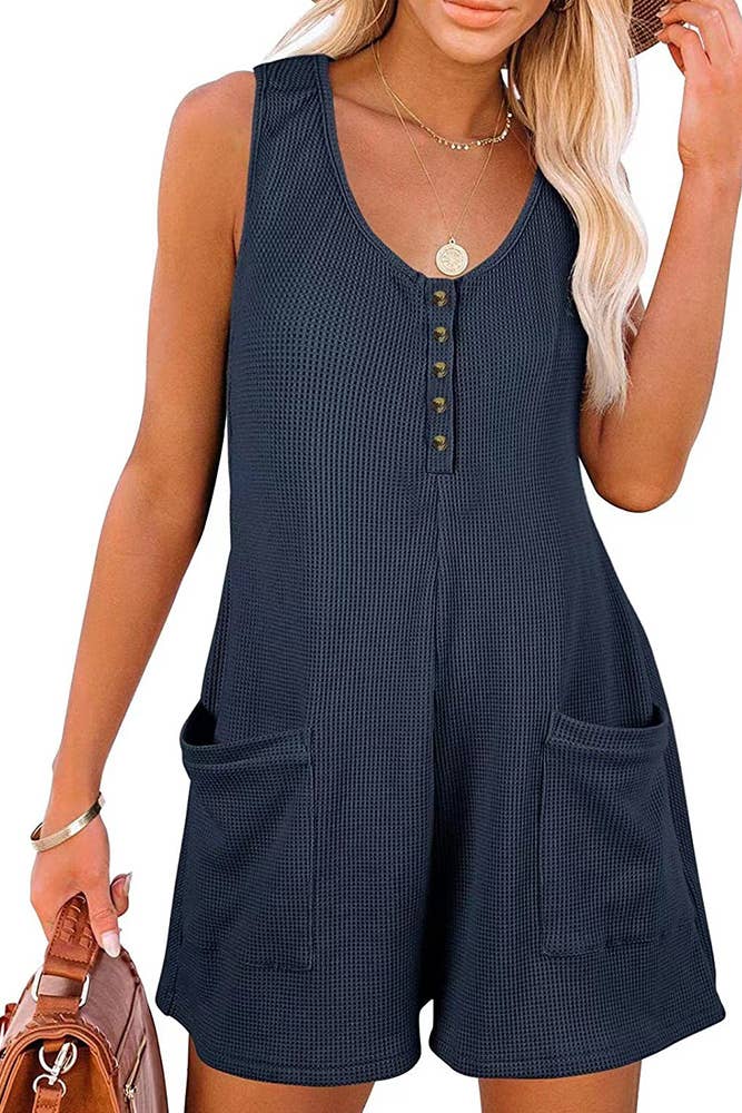 UNISHE - Vente Combishort – femme - Barboteuse gaufrée boutonnée sans manches avec poches ZZKF72914