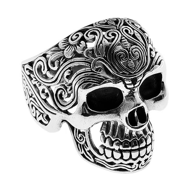 Harley ornately decorated silver skull ring for wholesale by Kali Ma Designs - Sterling Silver Jewellery