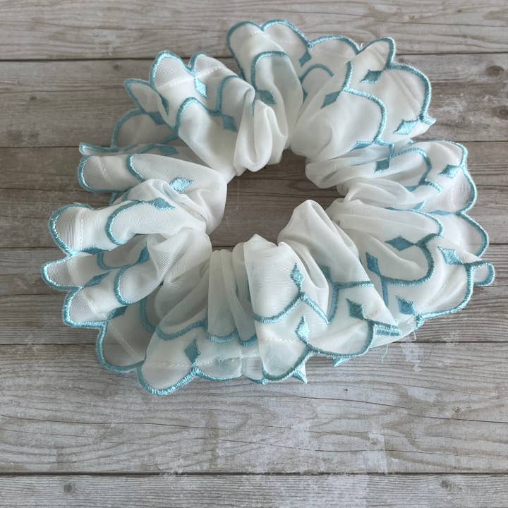 Scrunchie Vintage Sheer Blue Embroidery for wholesale by Open Window Studios