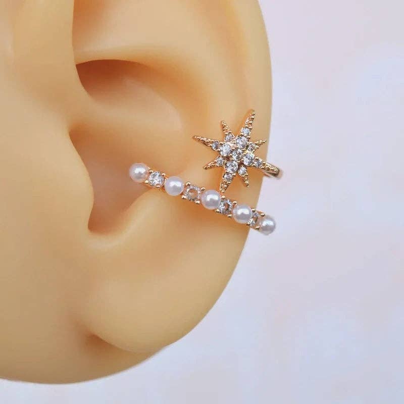 StockJWL – wholesale Cuff/wrap earrings – Mini Pearl Ear Cuff Compression Cartilage Earrings with Polar Star Detail