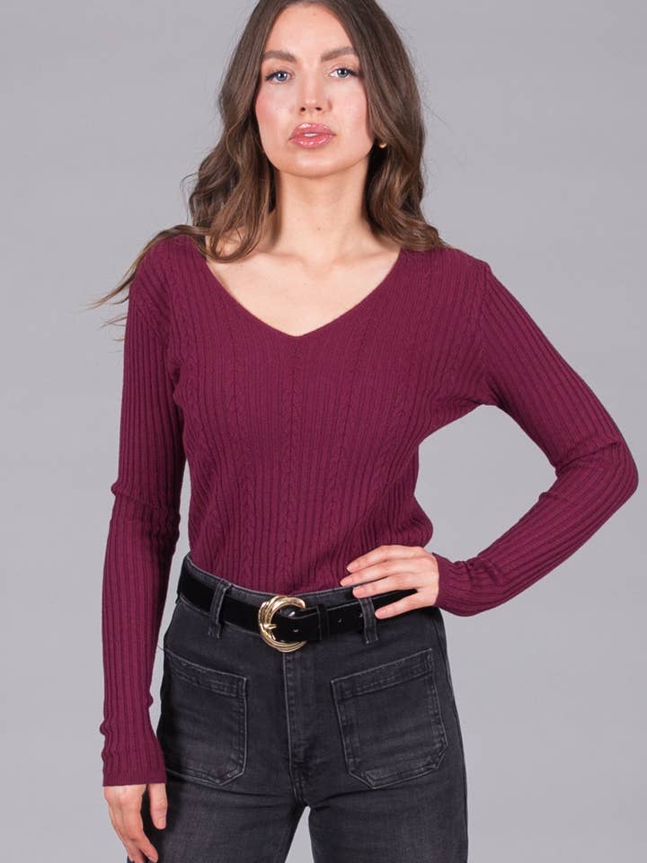 Ribbed V-Neck Jumper - Plum for wholesale by SOLO