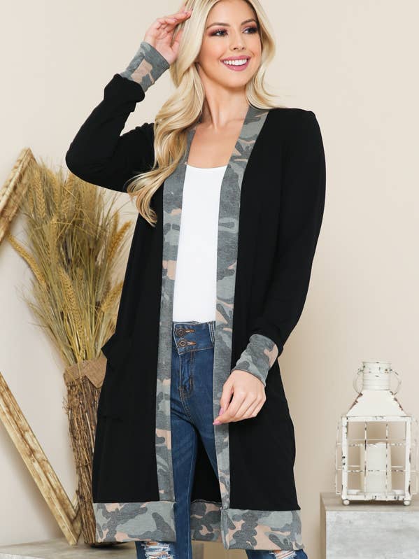MIDI OPEN CARDIGAN WITH CAMO CONTRAST for wholesale by Burgundy Apparel