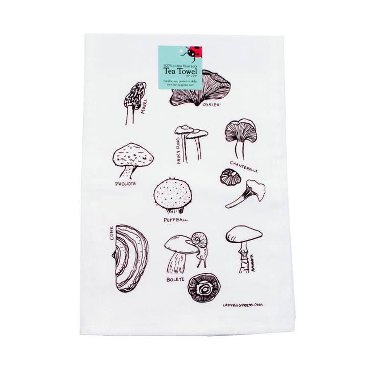 Mushrooms Screen Printed Tea Towel, flour sack dish towel for wholesale by Ladybug Press