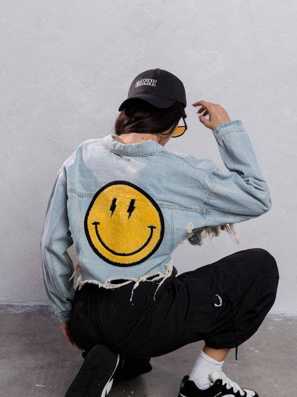 Trio Urban - Vente Veste en jean – femme - Veste courte en jean jaune Smiley Face9