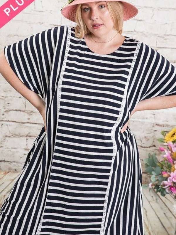 Davi & Dani - Wholesale Dress - Women's - PLUS SIZE STRIPED ELASTIC WAIST DOLMAN DRESS