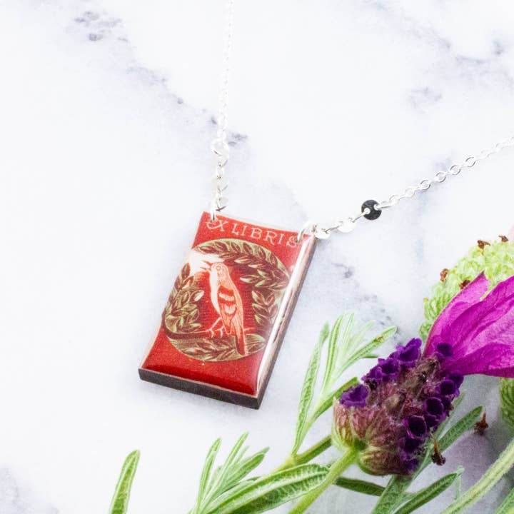 No Man's Land - Wholesale Pendant/Charm Necklace - Vintage Burgundy + Green Bird Ex Libris Bookplate Necklace1