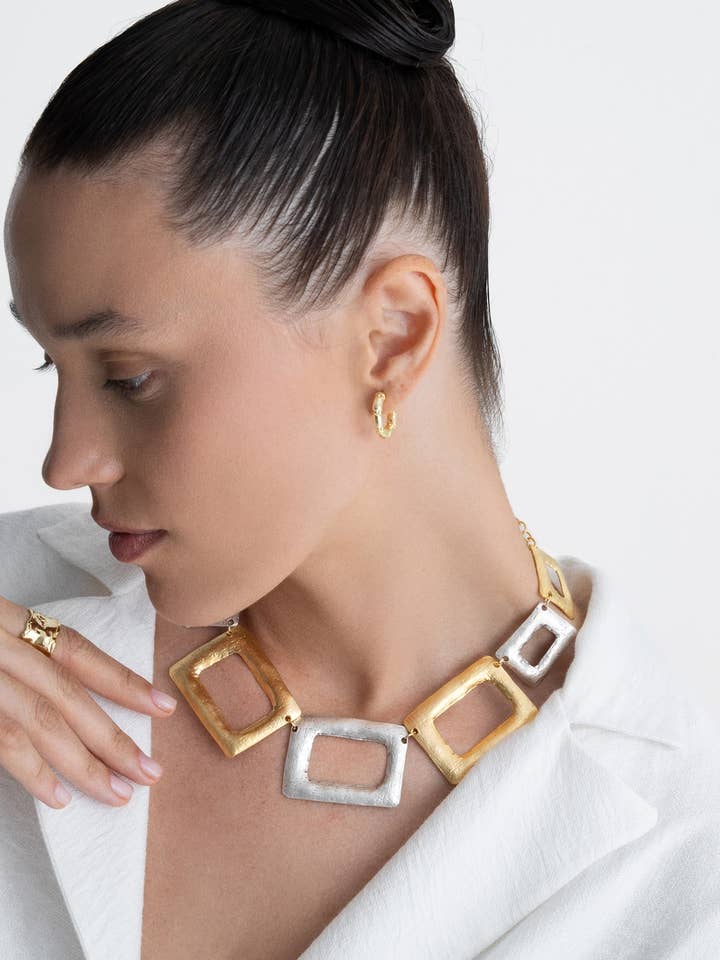 Matte Gold-Plated Rectangular Necklace – Handmade Two-Tone E for wholesale by BUBU BY TEKIN SHOP