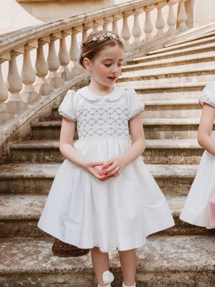 Bagatelle White/Blue Silk Handmade Smocked Dress for wholesale by Antoinette Paris