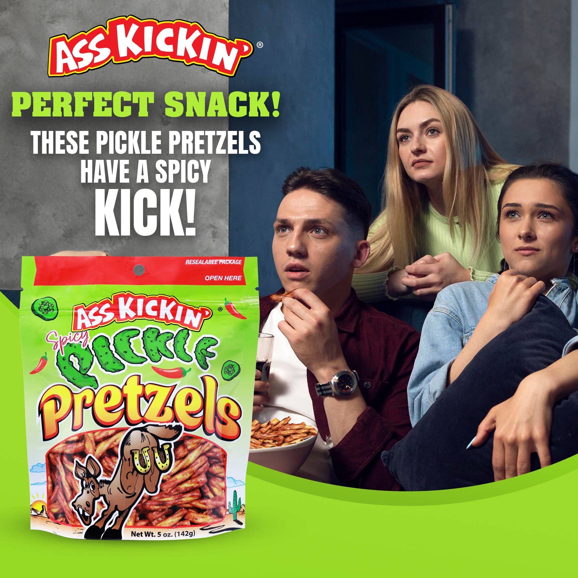 Southwest Specialty Food - Wholesale Pretzels - Ass Kickin' Spicy Pickle Pretzels, 5 oz Resealable Bags5