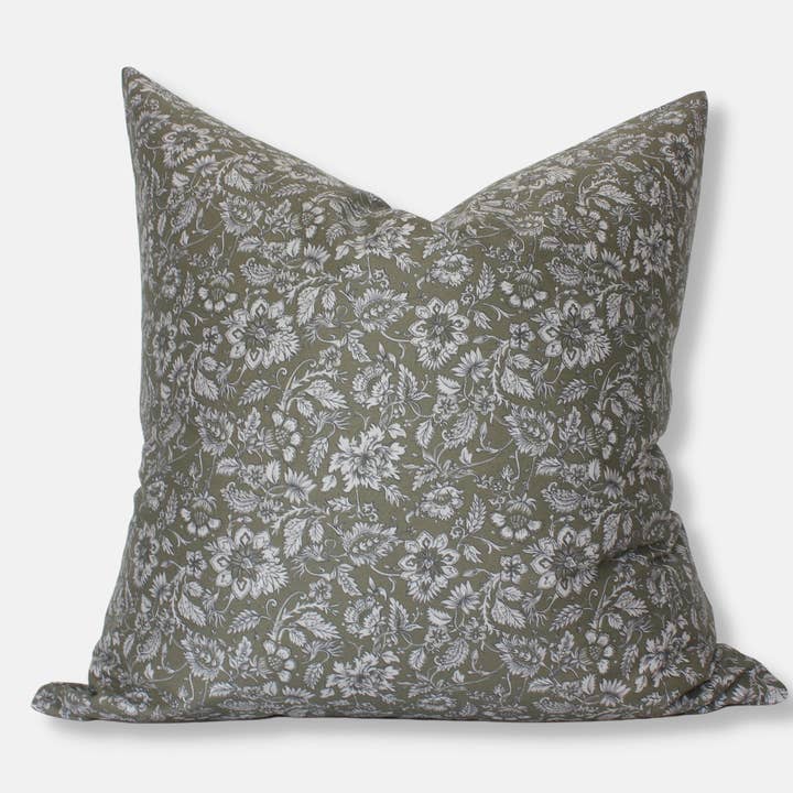 Olive Floral Pillow Cover, Designer Green Floral Pillow for wholesale by Textileish