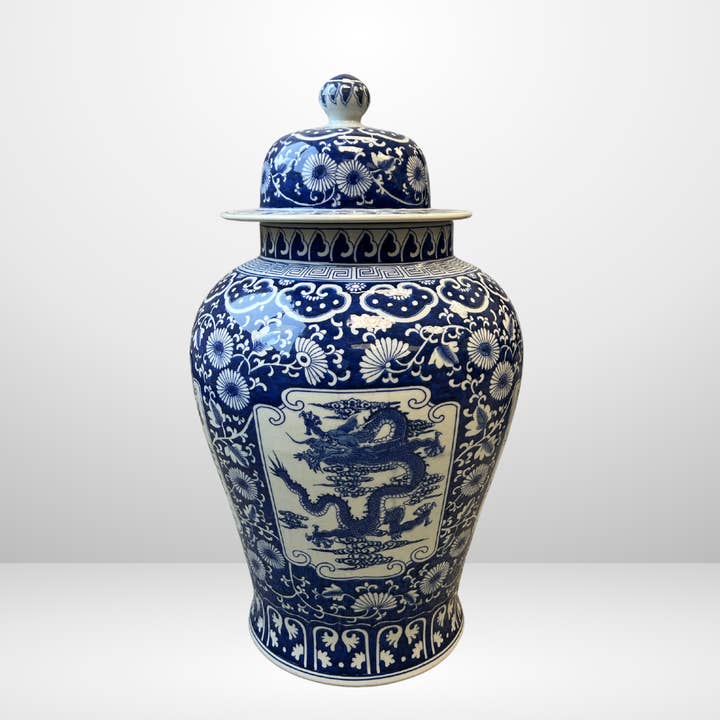 Chinoiserie Ginger Jar, Blue & White Dragon for wholesale by Manoir
