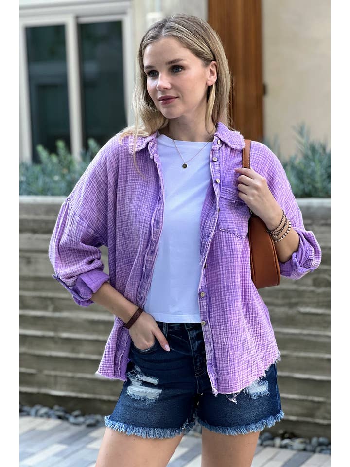 42POPS - Wholesale Button Down Shirt - Women's - ",,,,._ MINERAL WASHED DOUBLE GAUZE BUTTON DOWN SHIRT
