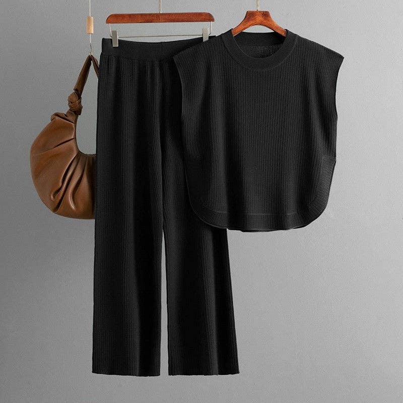 Sheer Trend - Vente Ensemble haut et pantalon (PAS d'intérieur) - Femme - Ensemble Débardeur Uni en Maille et Pantalon à Jambes Larges11