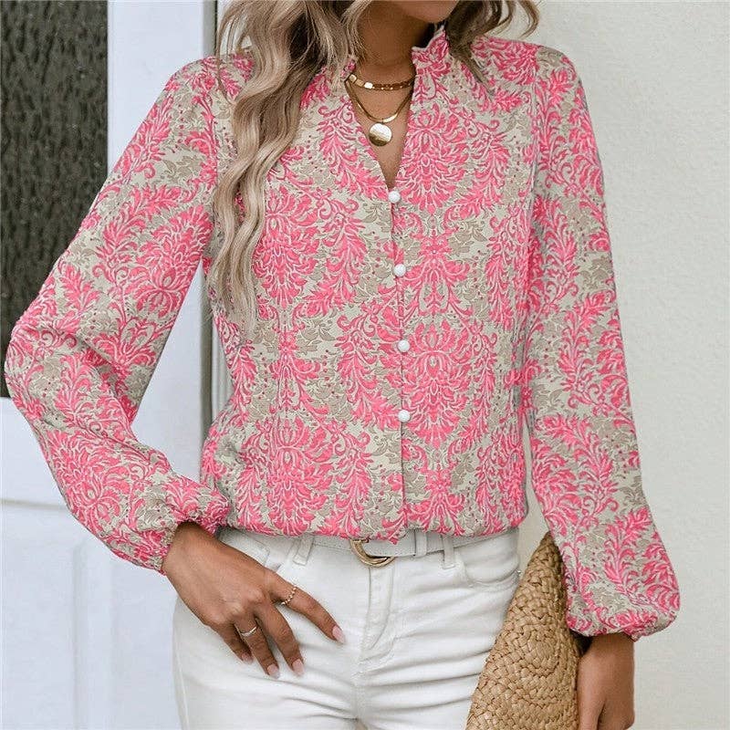 Plush Looks - Vendita all'ingrosso Camicetta - Donna - Camicia a Maniche Lunghe Stampa Elegante per Abbigliamento Casual3