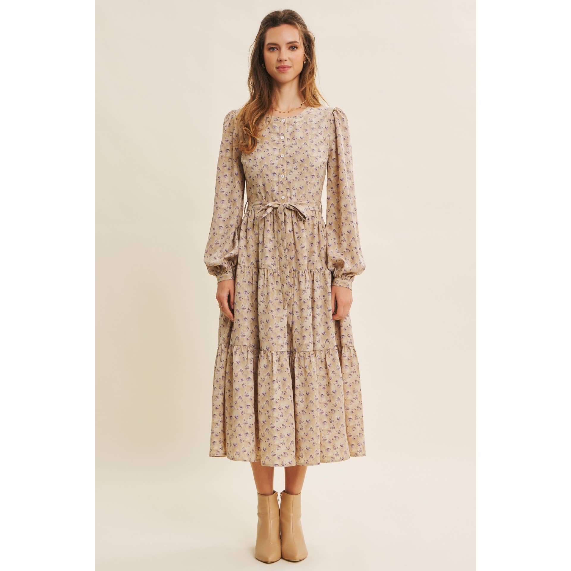 PIETRA MULTI ABITO MIDI FLOREALE MODERNO CON VOLANT E CINTURA in vendita all'ingrosso su Faire6