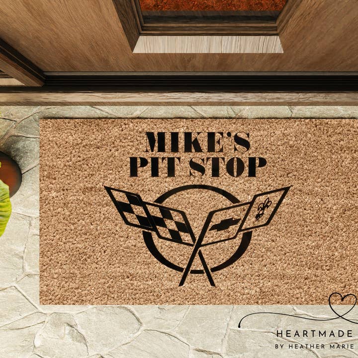 “First Name” Pit Stop Doormat for wholesale by Heartmade By Heather Marie, LLC