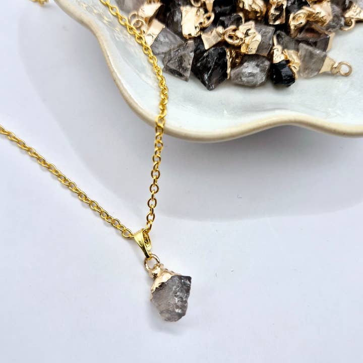Moonlight Gemstones - Wholesale Pendant/Charm Necklace - Gold Coloured Necklace with Raw Smoky Quartz Pendant (1cm)