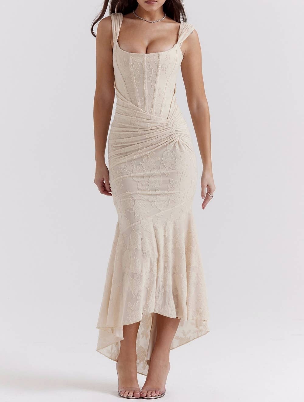 Rosa Clothing - Wholesale Dress - Women's - Ruffled lace slip floral jacquard maxi mermaid dress20