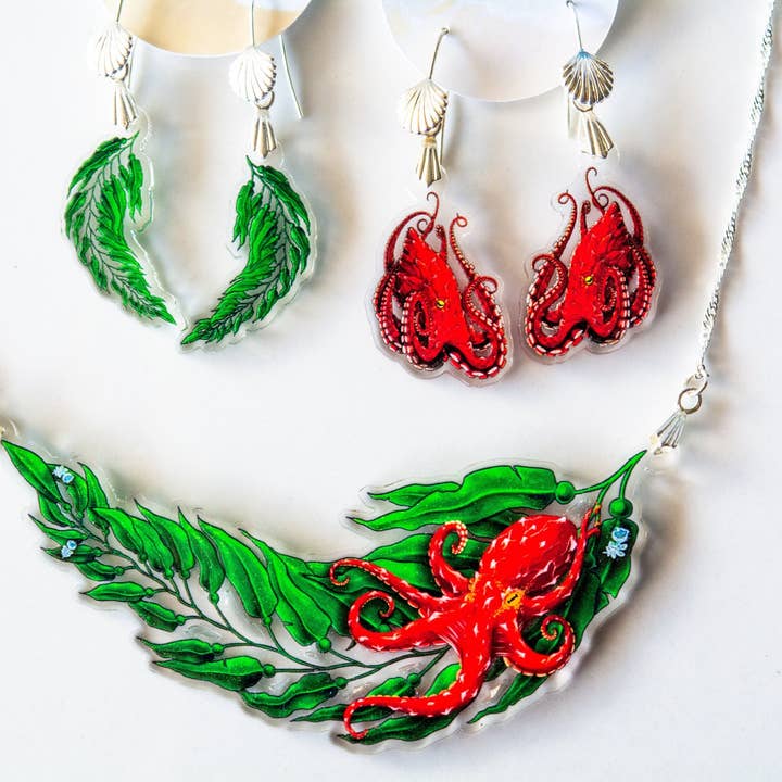 RECYCLÉ - Collier, boucles d'oreilles pour jardin de varech, poulpe et varech pour la vente par The Slug And Kraken